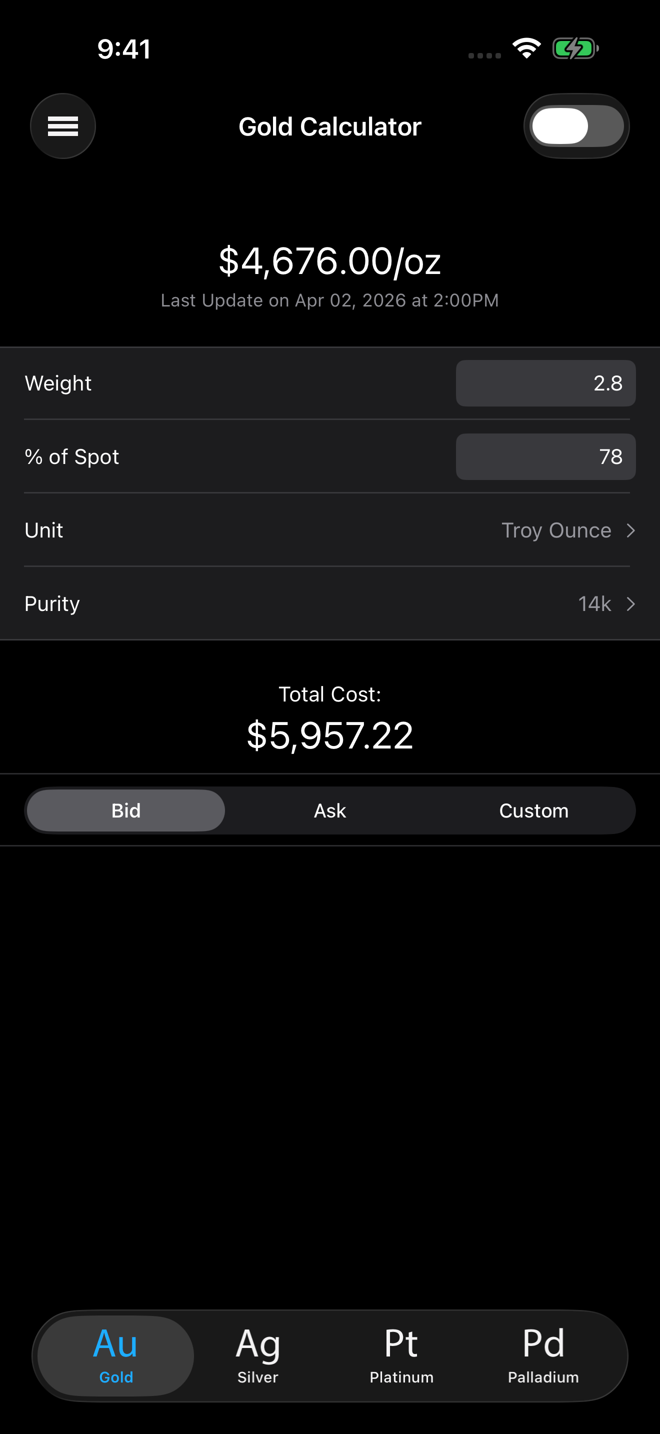 Gold Tracker gold melt value calculator — karat selector, weight entry, and live spot price