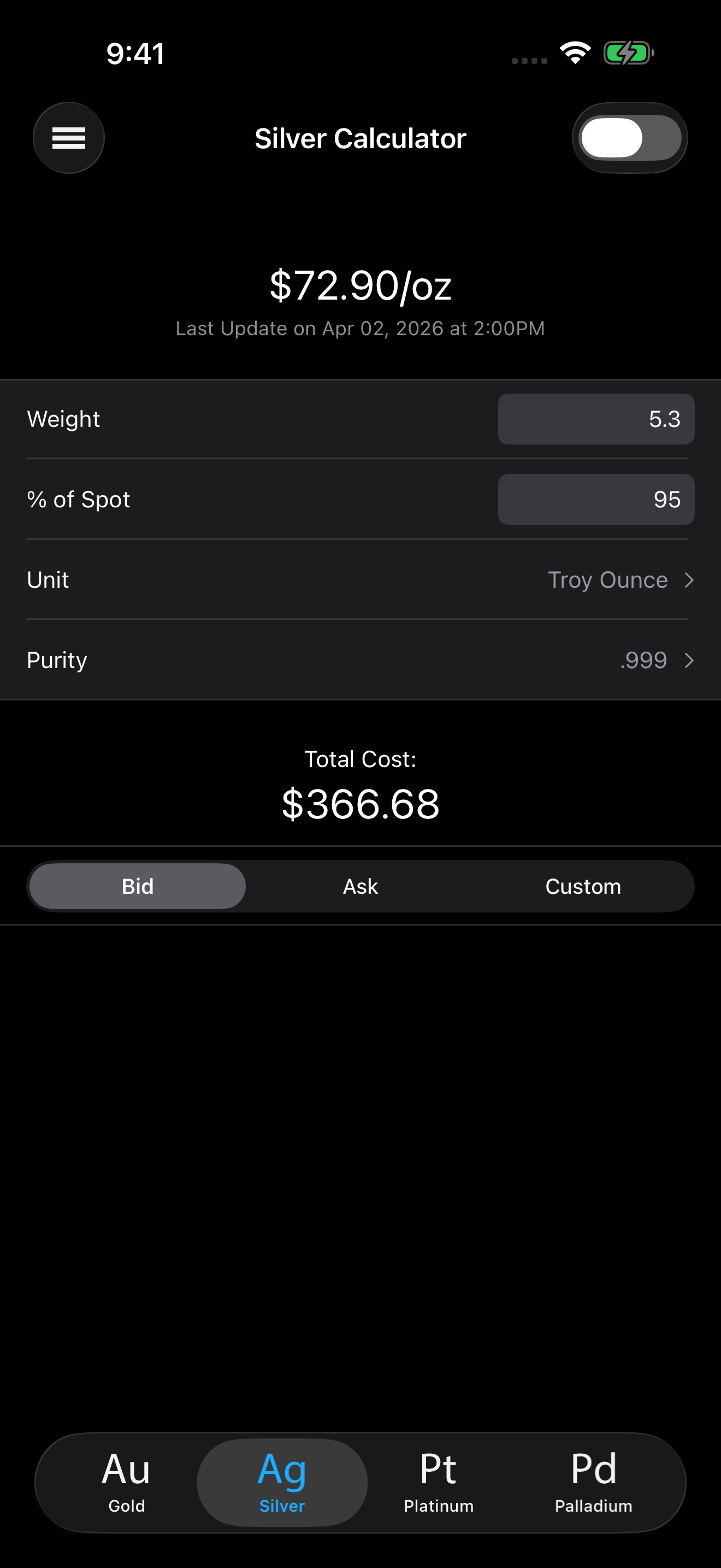 Gold Tracker silver melt value calculator showing purity selector and live spot price