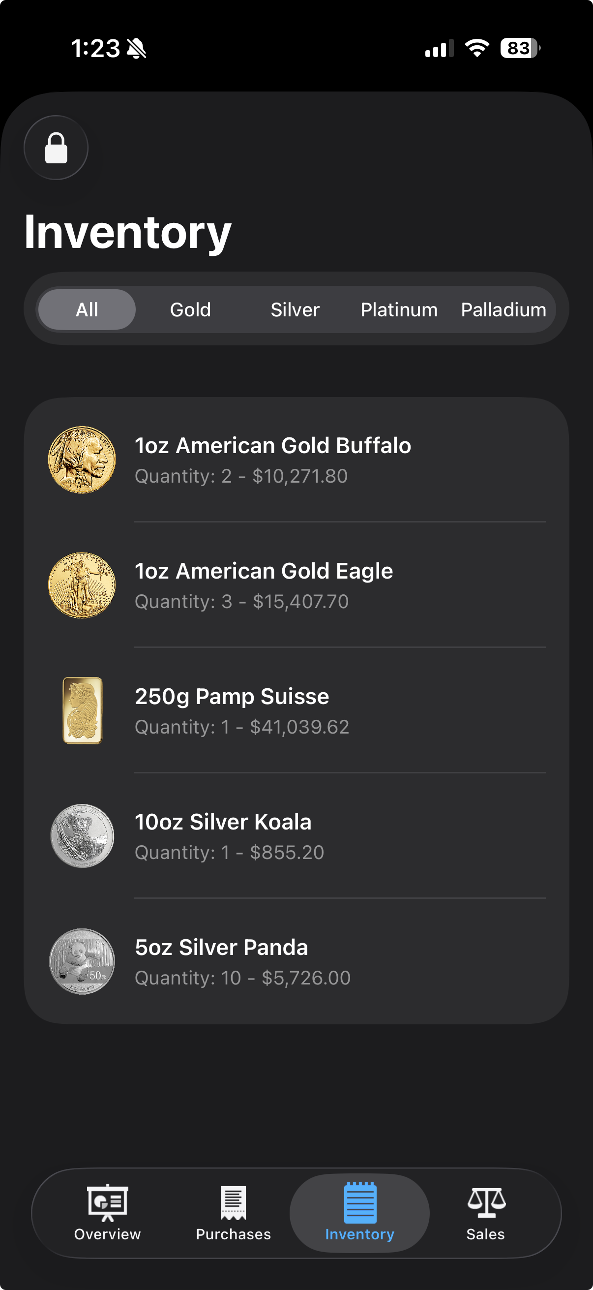 Gold Tracker vault showing inventory of gold and silver coins and bars